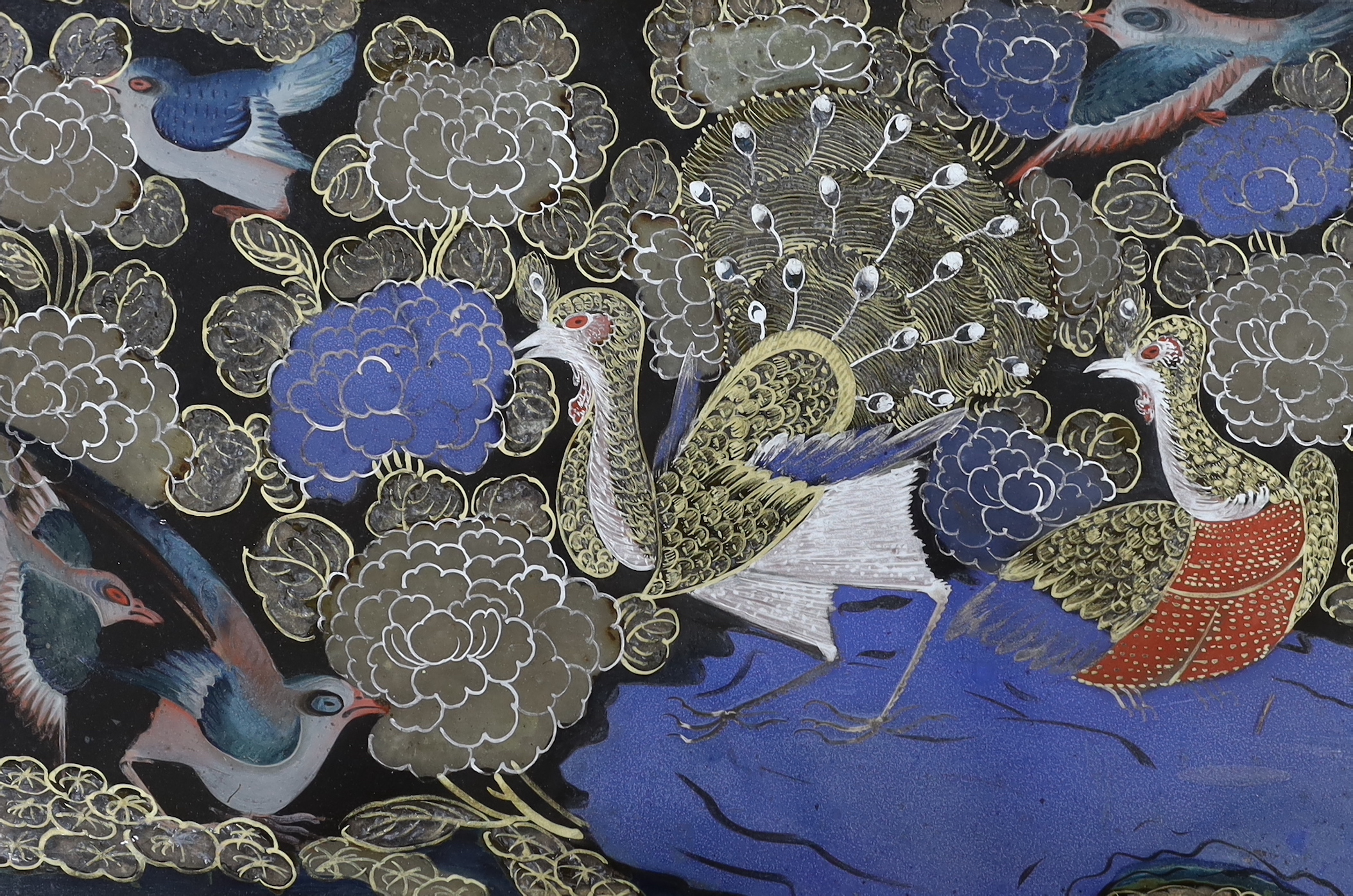 Chinese School, pair of reverse glass paintings, Birds of Paradise, each 33cm x 22cm